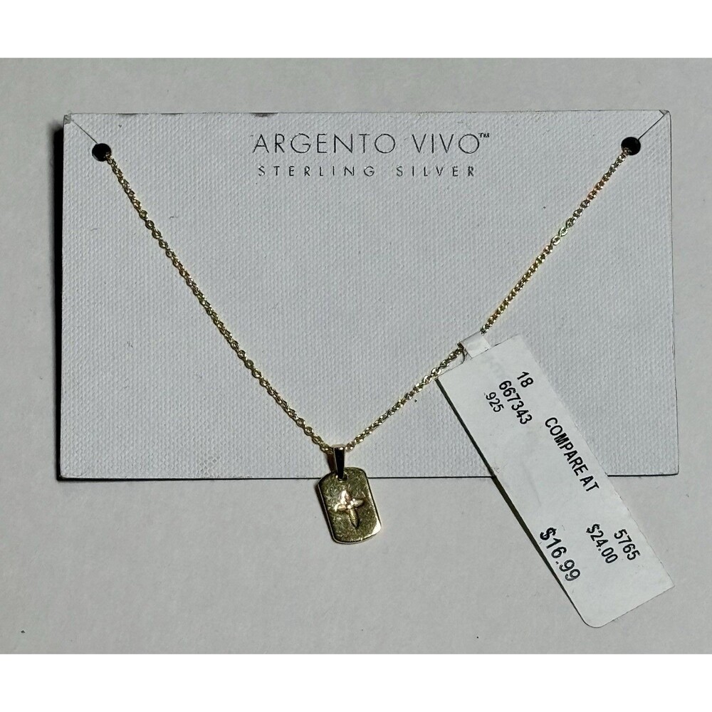 Argento Vivo Sterling Silver Starburst Dog Tag Necklace Gold Tone 18" NWT 667343